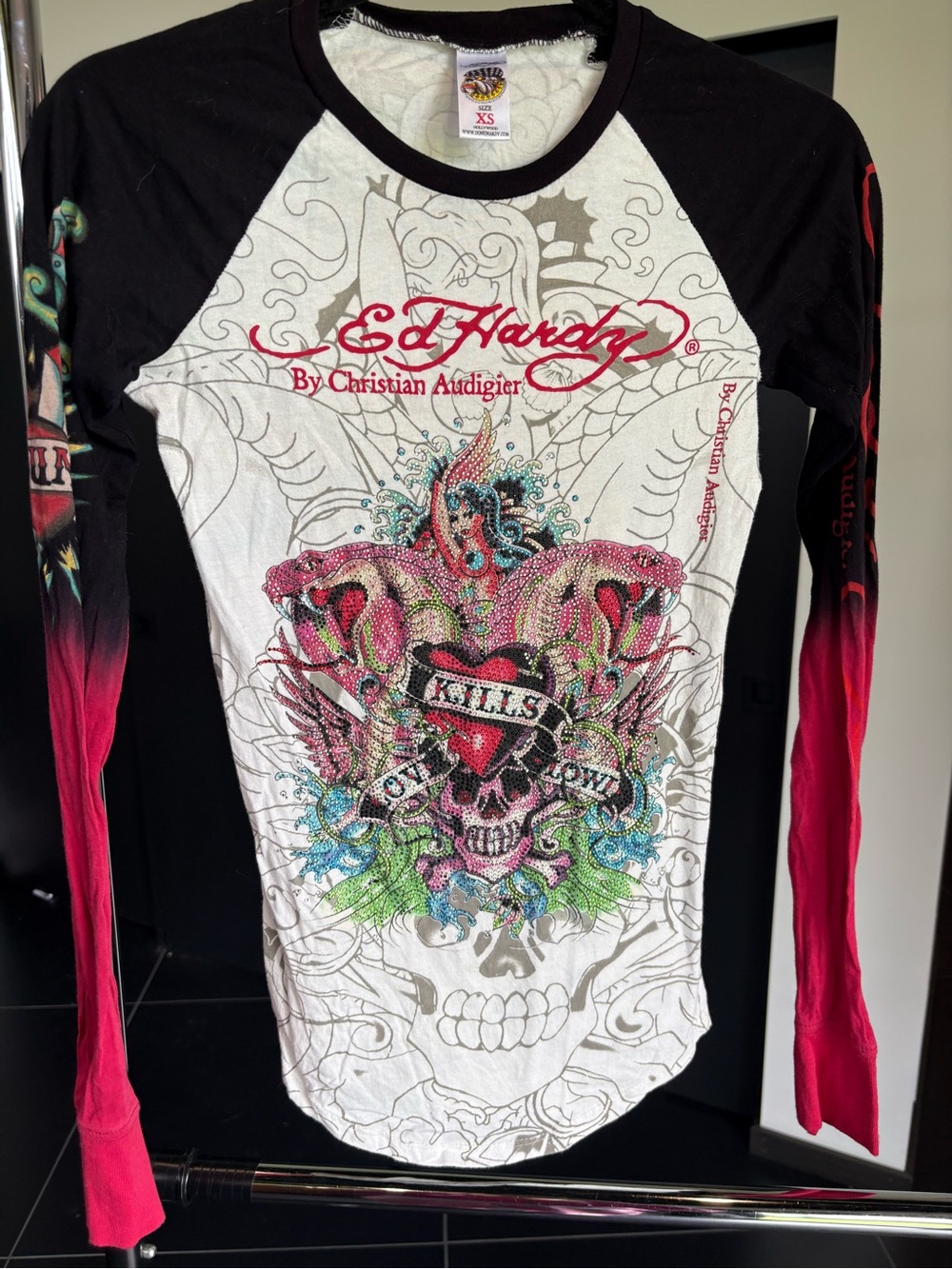 Y2K Ed Hardy Women's Long Sleeve Graphic Tee - Tons of Embellishment